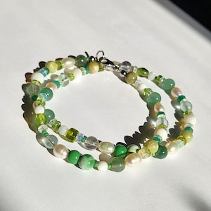 Green Fluorite, Green Aventurine, Pearl, and Peridot Beaded Necklace