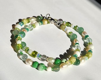 Green Fluorite, Green Aventurine, Pearl, and Peridot Beaded Necklace