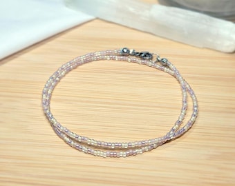 Dainty Pastel Pink and White Beaded Necklace, Silver Seed Bead Choker, Layering Jewelry