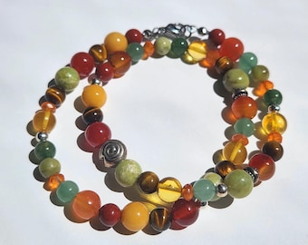 Baltic Amber, Peridot, Tiger's Eye, Jasper, Carnelian, and Sterling Silver Chunky Beaded Necklace