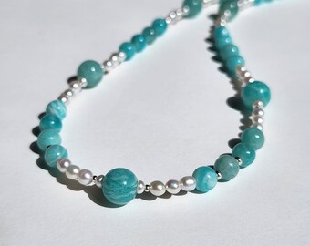 Blue Amazonite and Freshwater Pearl Beaded Necklace in Silver or Gold