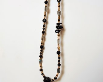 Asymmetrical Labradorite, Black Spinel, and Greenland Nuummite Beaded Necklace with Gold Accents