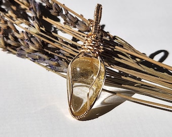Golden Rutilated Quartz Wire Wrapped Pendant and Gold Filled Cable Chain Necklace