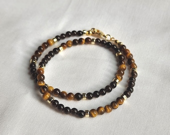 Small Tigers Eye and Smoky Quartz Beaded Choker, Dainty Gold Necklace, Short Layering Jewelry