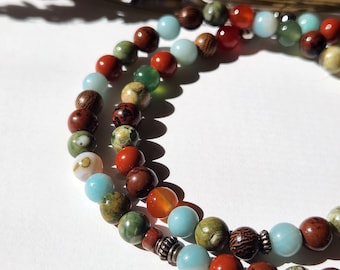 Amazonite, Rhyolite, Aventurine, Agate, Jasper, and Carnelian Beaded Necklace with Solid Sterling Silver Accents