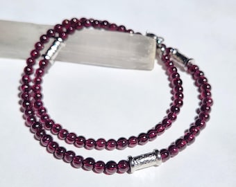 4mm Rhodolite Garnet and Stainless Steel Beaded Necklace