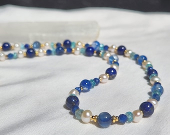 Lapis Lazuli Beaded Necklace with Freshwater Pearl, Blue Apatite, and Kyanite Available in Gold or Silver
