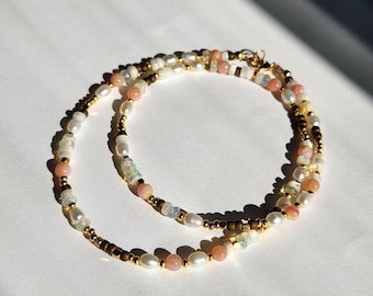 Freshwater Pearl and Pink Opal Beaded Necklace in Gold