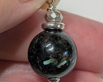 12mm Round Polished Nuummite Pendant Bead in Solid Sterling Silver