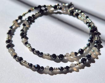 Labradorite and Black Spinel Seed Bead Necklace, Silver Layering Jewelry