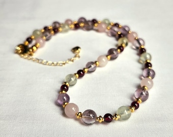 Delicate Garnet, Prehnite, Rose Quartz, and Lavender Amethyst Beaded Gold Necklace