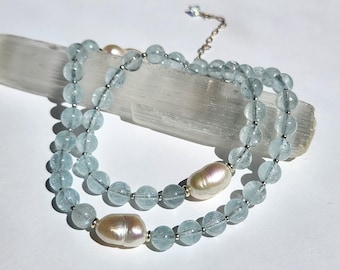 Blue Aquamarine and Baroque Pearl Beaded Silver Necklace