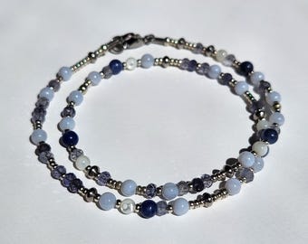 Minimalist Blue Lace Agate, Sodalite, and Iolite Silver Beaded Choker Necklace