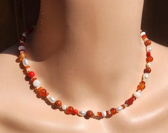 Freshwater Pearl, Welo Opal, Red Jasper, and Carnelian Beaded Necklace