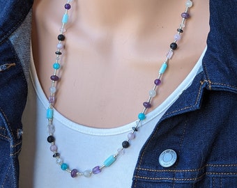 Blue Opal, White Moonstone, Lavender Amethyst, Amazonite, and Hematite Multi Gemstone Beaded Necklace