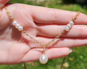Baroque Pearl Drop Pendant and Double Gold Cable Chain Necklace