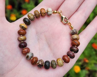 Red Creek Jasper Autumn Bracelet, Chunky Gold Jewelry, Rondelle Beaded Bangle