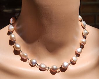 Chunky Baroque Pink Pearl Beaded Necklace with Sterling Silver Wire