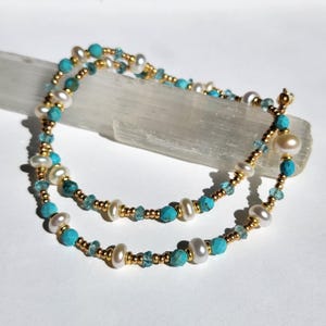 Freshwater Pearl, Apatite, and American Turquoise Beaded Necklace with Extender