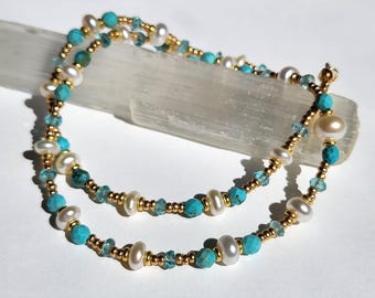 Freshwater Pearl, Apatite, and American Turquoise Beaded Necklace with Extender