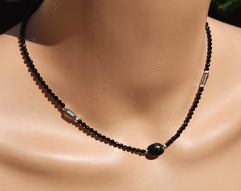 Nuummite Focal Bead Necklace with Labradorite and Black Spinel in Gold or Silver