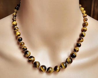 Graduated Tigers Eye Necklace, Beaded Crystal Jewelry, Chunky Gold Statement Piece