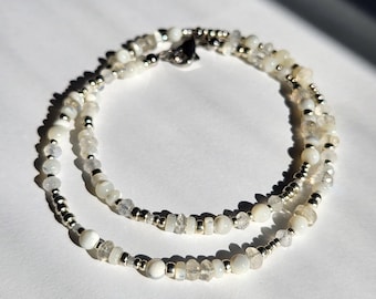 Minimalistic Moonstone and Mother of Pearl Beaded Necklace in Silver
