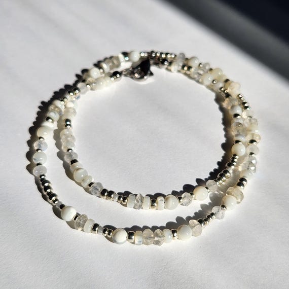 Moonstone and Mother of Pearl Beaded Necklace in Silver