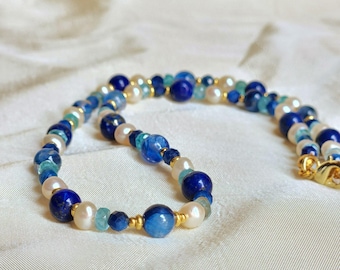 Lapis Lazuli and Pearl Beaded Gold Necklace, Blue Gemstone Choker, Apatite and Kyanite Jewelry