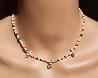Beachy Sea Shell Seed Beaded Necklace with Gold, White Brown, and Red Accents