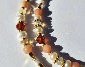 Garnet, Opal, and Pearl Beaded Necklace with Gold Accents