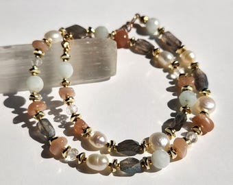 Freshwater Pearl, Labradorite, Blue Celestite, Peach Moonstone, Clear Quartz, and Gold Hematite Beaded Necklace
