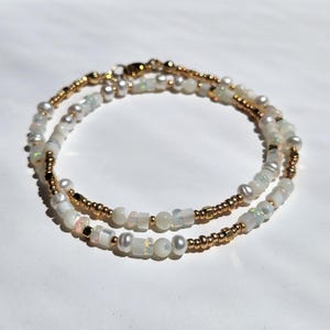 Minimalistic Freshwater Button Pearl and Welo Opal Beaded Choker Necklace, Available in Gold or Silver