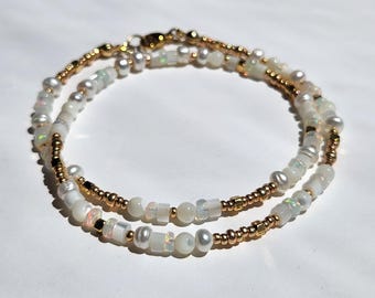 Minimalistic Freshwater Button Pearl and Welo Opal Beaded Choker Necklace, Available in Gold or Silver