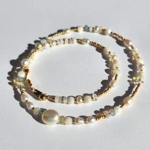 Ethiopian Opal, Freshwater Pearl, and Mother of Pearl Beaded Necklace: White & Gold Layering Jewelry