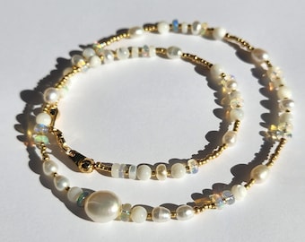 Ethiopian Opal, Freshwater Pearl, and Mother of Pearl Beaded Necklace: White & Gold Layering Jewelry