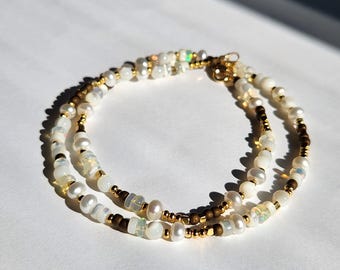 Freshwater Pearl and Opal Beaded Necklace with Shell and Gold Accents