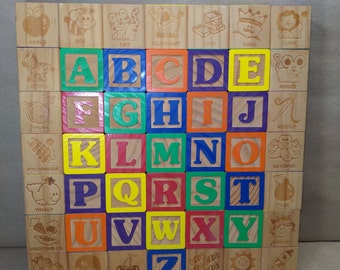 ABC 123 Wood Blocks GLUED Wall Hanging Unisex Baby Nursery Room Home Classroom Decor