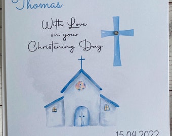 Personalised Blue Christening Card Watercolour Church Christening Card Child's Christening Card