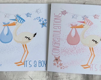 Watercolour Stork new Baby Boy/Girl CardWatercolour Welcome To The World Birth Announcement Blue or Pink