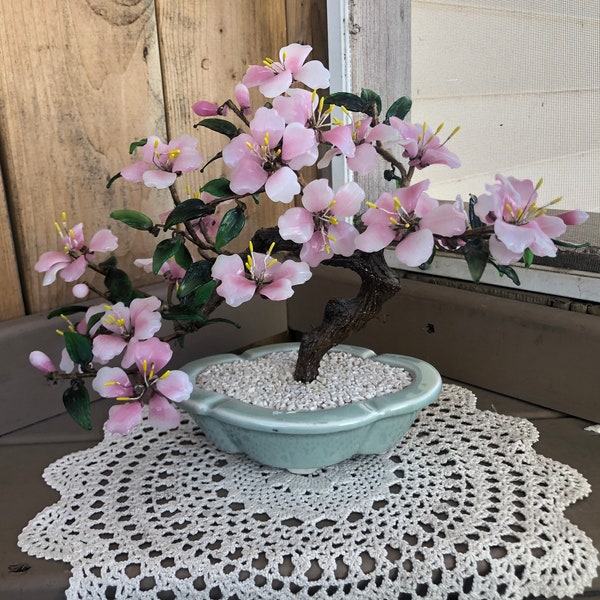 Vintage Japanese pink glass cherry blossom bonsai tree