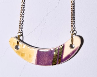 Purple and Gold Half Moon Ceramic Pendant Necklace