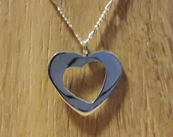 Sterling Silver Heart w/ Tilted Offset Heart Cutout Pendant 25 mm x 22 mm with 20 inch x 1.8 mm Silver Figaro Chain for Gift of Love