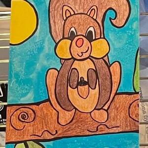 May include: A colorful drawing of a squirrel sitting on a branch, holding an acorn. The squirrel is brown with a red nose and yellow cheeks. The background is blue with a yellow moon. The artist's name, Chase-e, is in the bottom right corner.