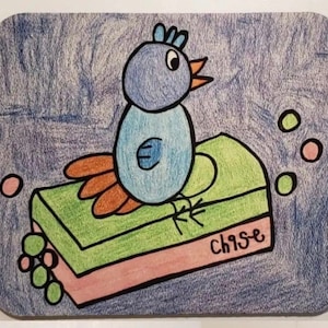 May include: A colorful, hand-drawn illustration of a blue bird with orange tail feathers perched on a green and pink rectangular shape. The background is blue with a textured appearance. The name "Chase" is written on the shape.