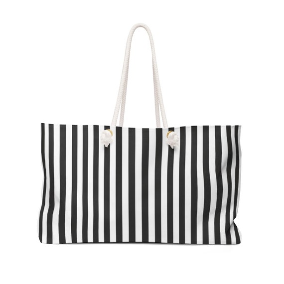 black and white striped beach bag