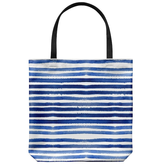 blue and white striped beach bag