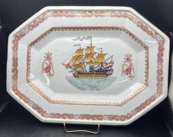 Vintage Chinese Export Porcelain Tall Ship Platter Octagonal Macau Qianlong 14”