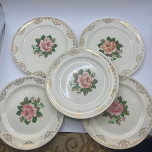 Può includere: Cinque piatti vintage color crema con un motivo floreale a rosa. Ogni piatto presenta una rosa rosa con foglie verdi al centro. I bordi hanno un motivo a filigrana dorata. Un set classico per servire i pasti.