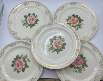 Juego de 5 platos de pan y mantequilla Paden City Pottery American Rose de 6 1/2”